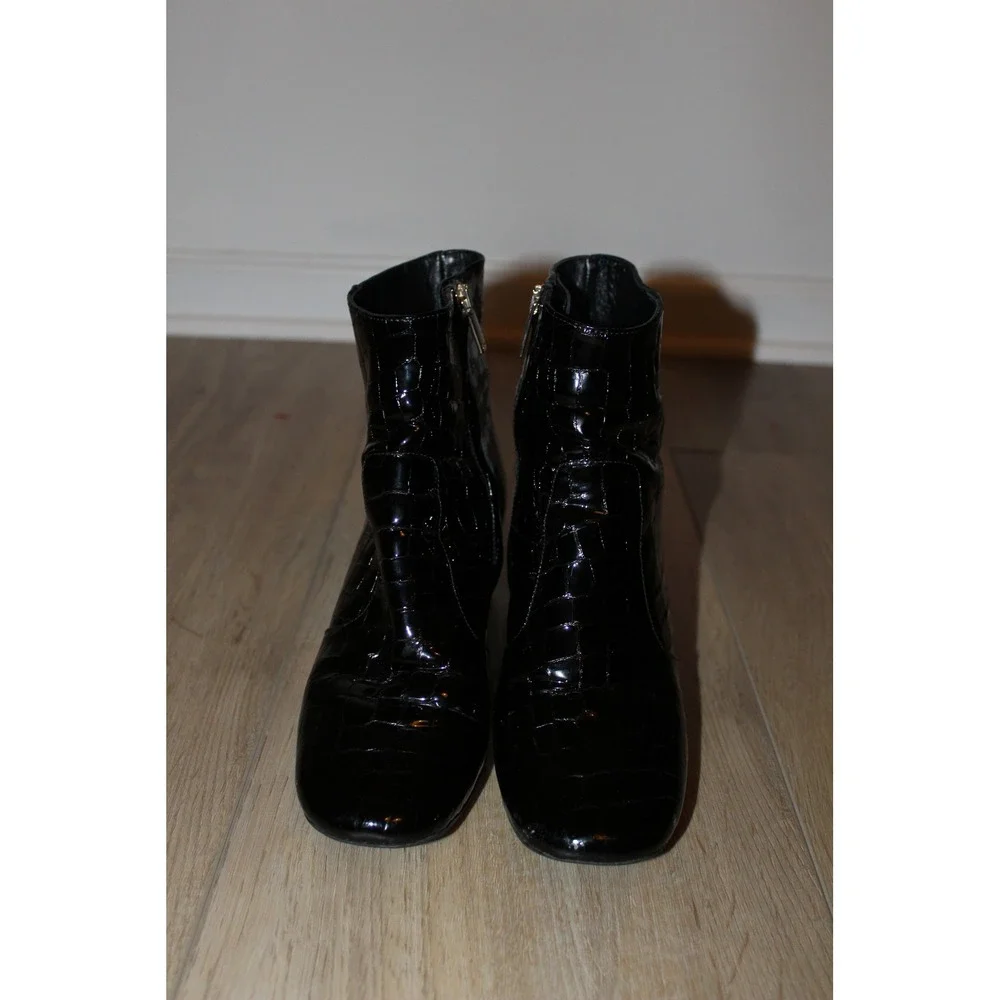 Karen Millen Black‎ Croc Patent Leather Square Toe Block Heel Ankle Boots 37